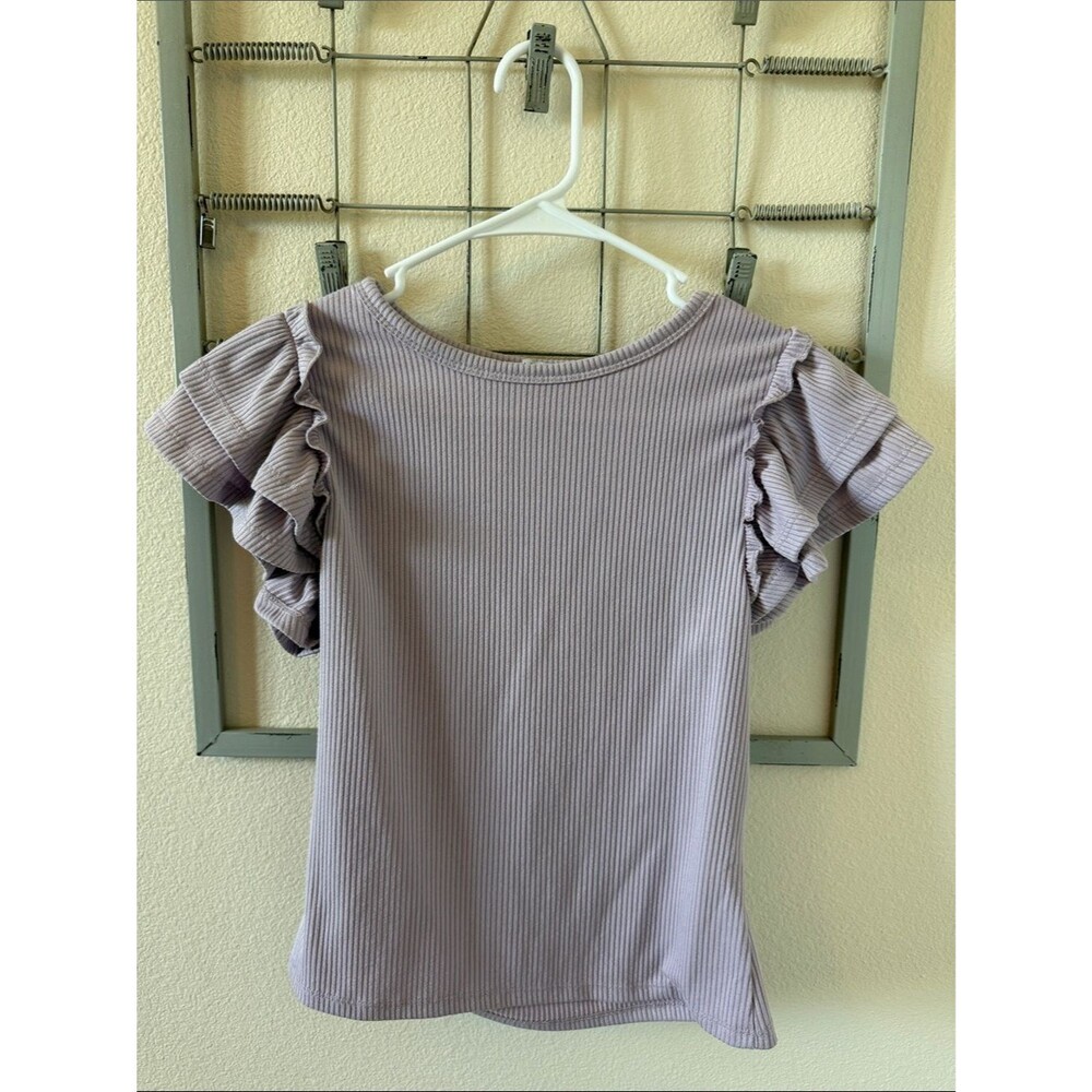 IRIS Lilac Ribbed Short Sleeve Top with Double Ruffle Sleeves
